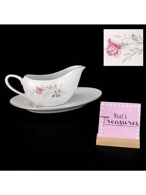 Camelot AMERICAN ROSE Gray Pink China Gravy Sauces Boat w Relish Underplate